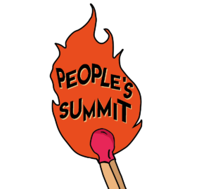Brennendes Streichholz mit dem Text "People's Summit" in der Flamme
