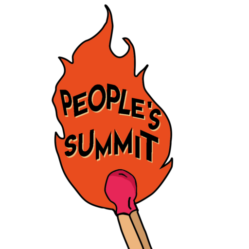 Brennendes Streichholz mit dem Text "People's Summit" in der Flamme