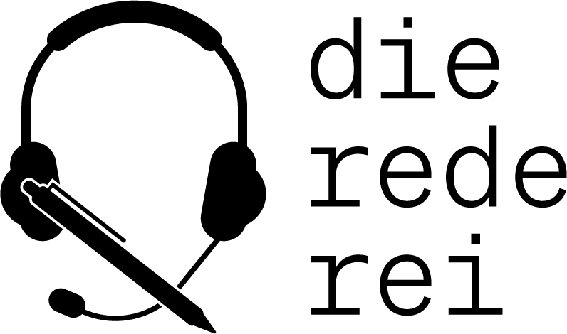 Logo von "die rederei", einem Translationskollektiv aus Wien. Auf dem Bild sind Kopfhörer mit Mikrofon und ein Kugelschreiber zu sehen, rechts daneben steht "die rederei".